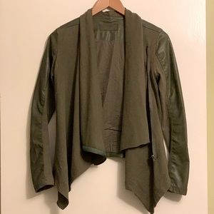 Drape front faux leather mix jacket